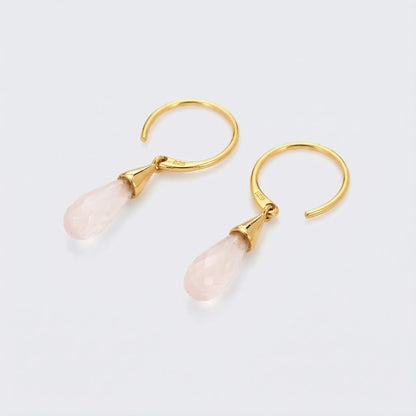 Boucles d'oreilles pendantes quartz rose en argent doré 925