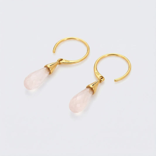 Boucles d'oreilles pendantes quartz rose en argent doré 925