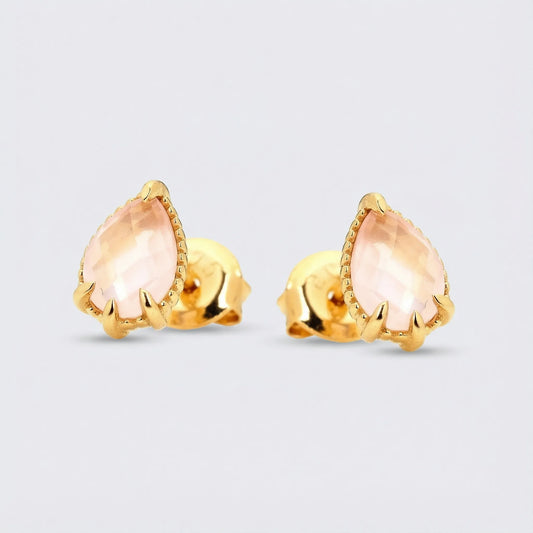 Clous d'oreilles quartz rose naturel en goutte en argent doré 925