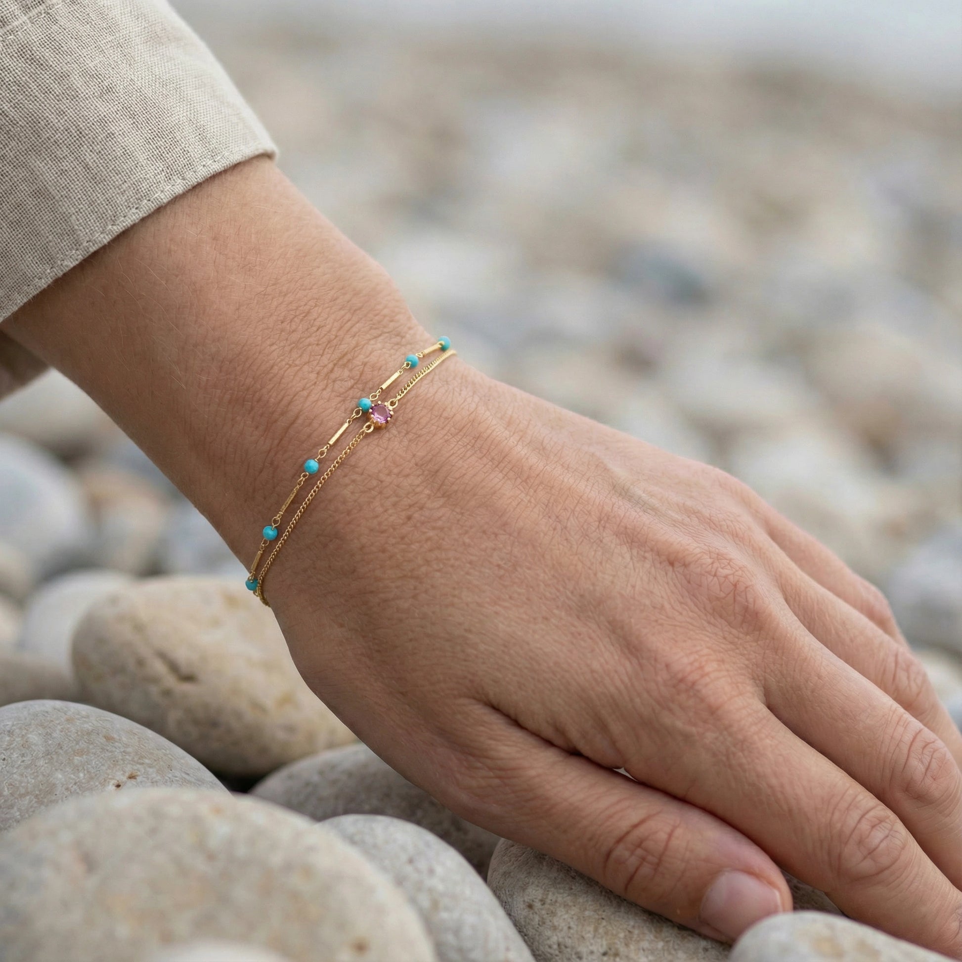 Bracelet turquoise ajustable en argent doré 925 - vue detail