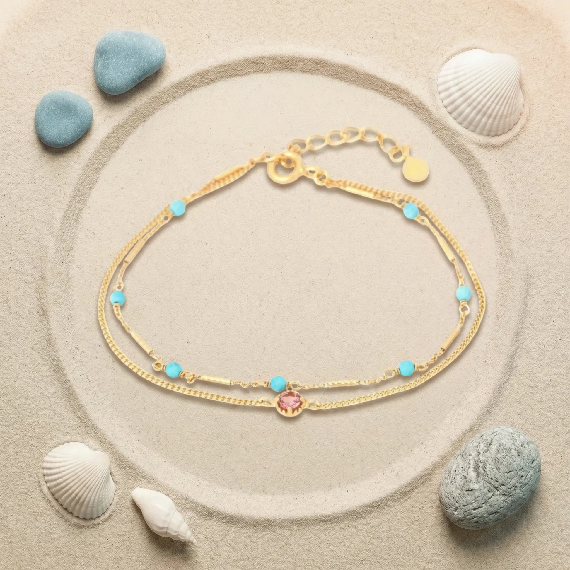 Bracelet turquoise ajustable en argent doré 925 - zoom