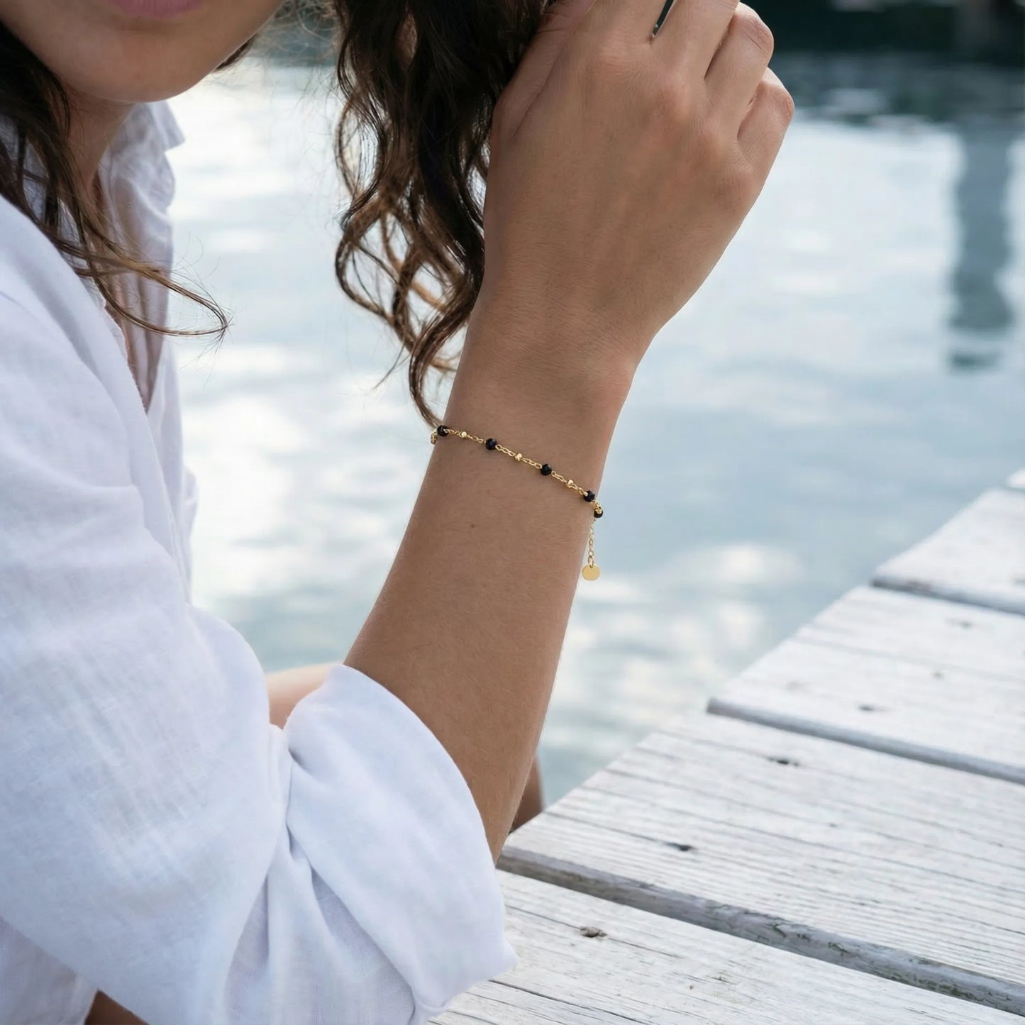 Spinelle Noire bracelet Argent doré 925