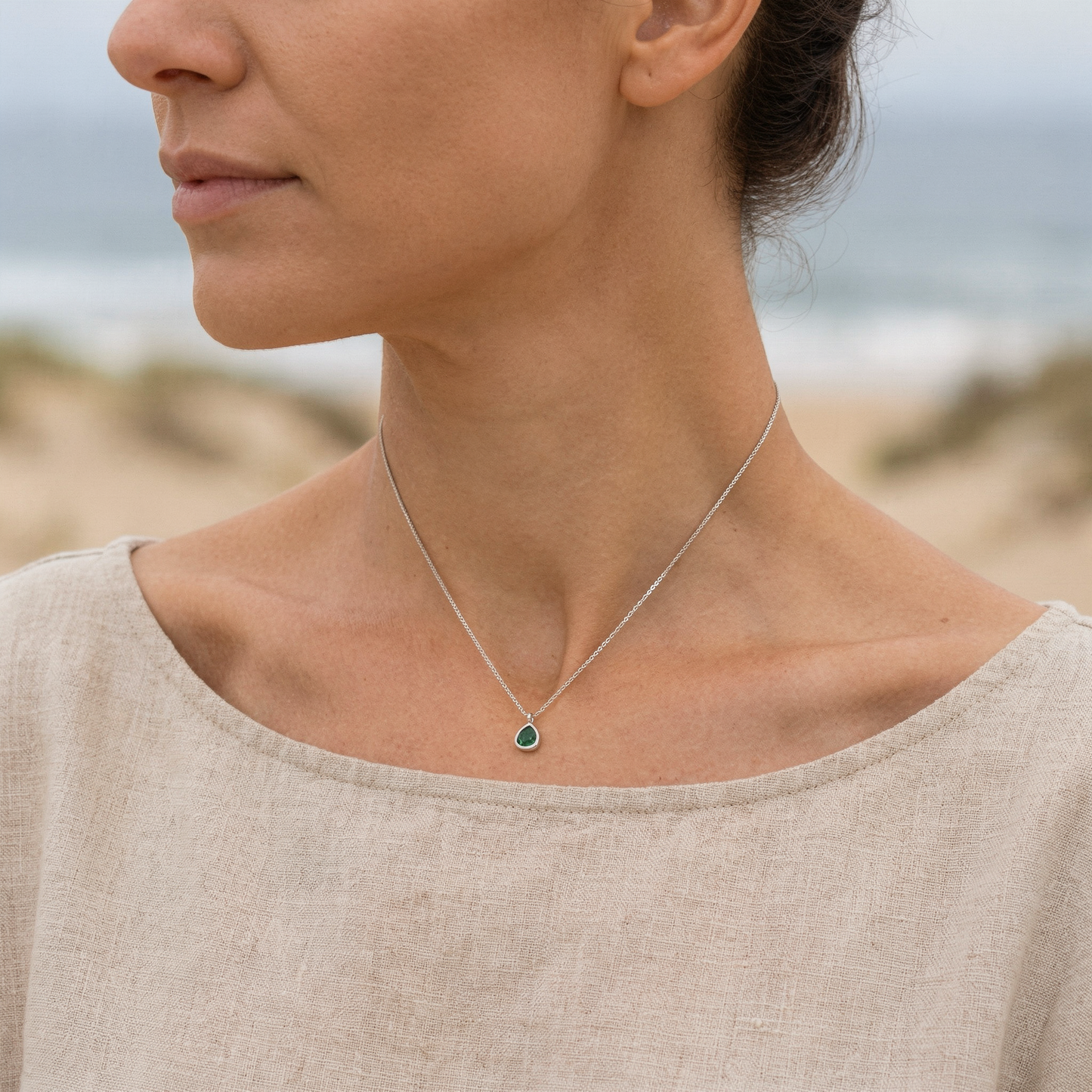 Collier cœur aventurine verte argent rhodié 925 L007 - vue detail