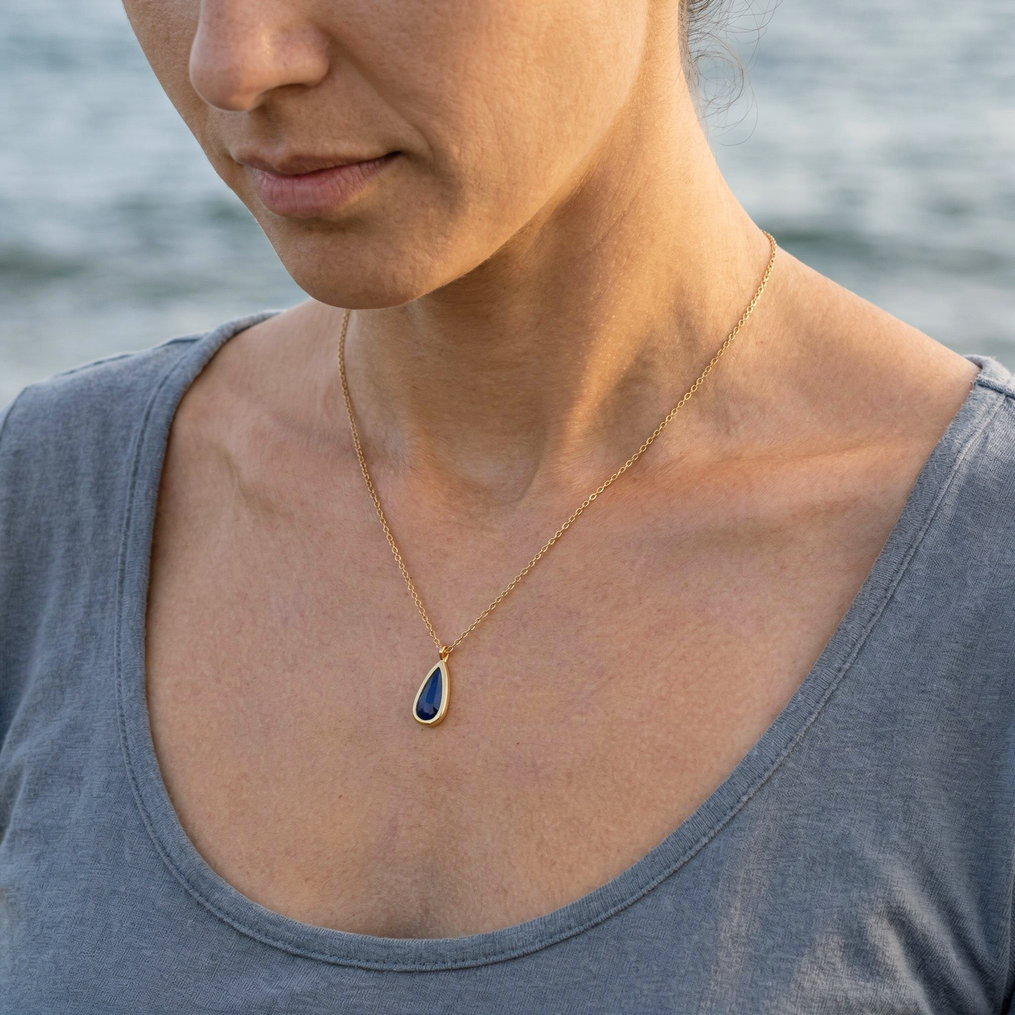 Collier lapis-lazuli goutte en argent doré 925 - porte