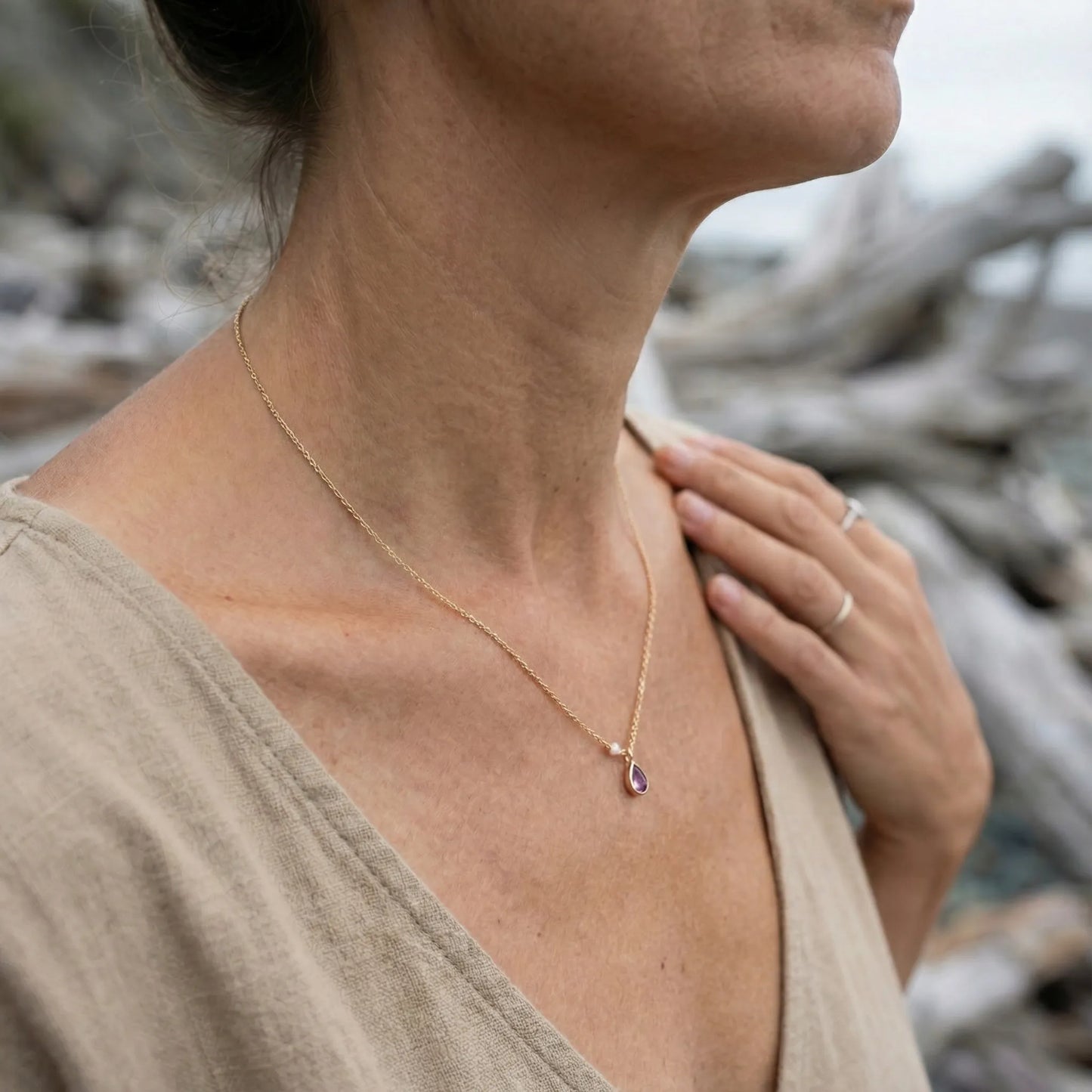 Collier améthyste goutte en argent doré 925 - vue detail