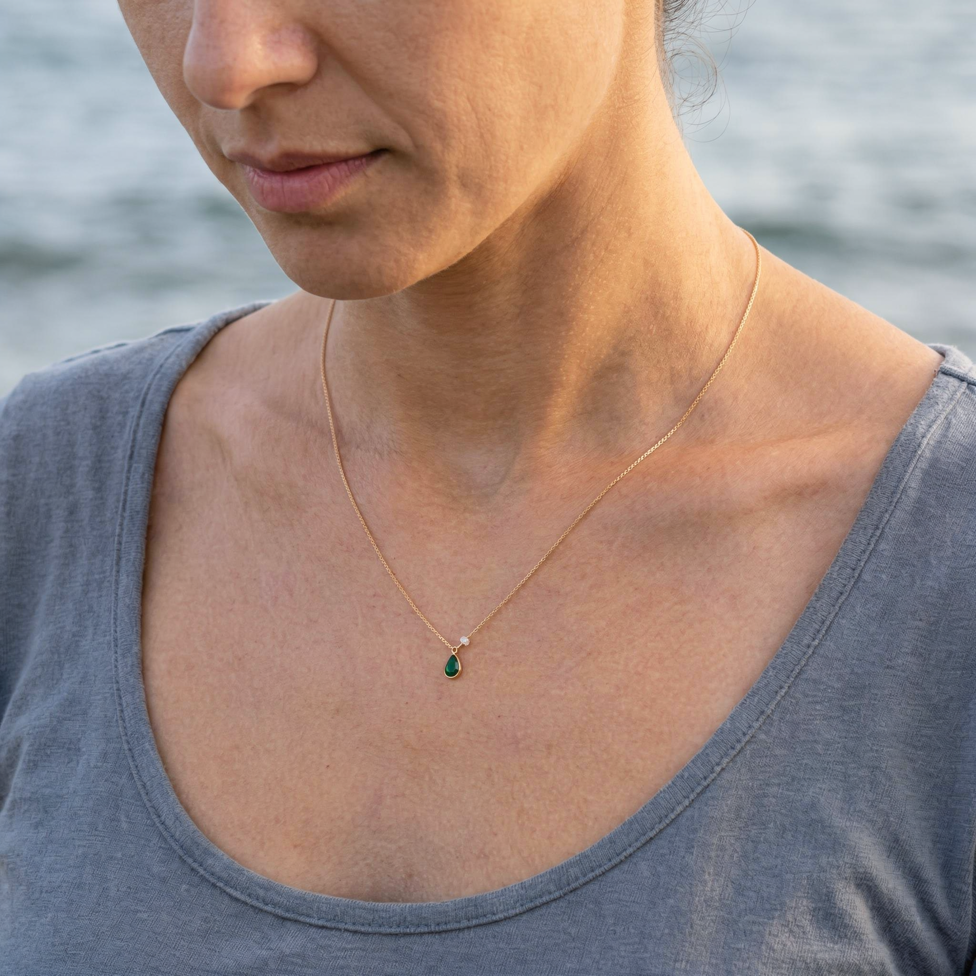 Collier onyx vert goutte en argent doré 925 - porte