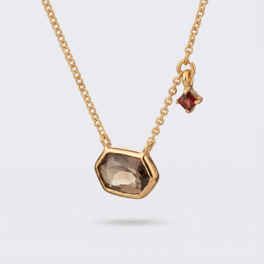 Collier quartz fumé grenat irrégulier argent doré 925