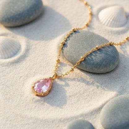 Collier quartz rose goutte en argent doré 925 - zoom