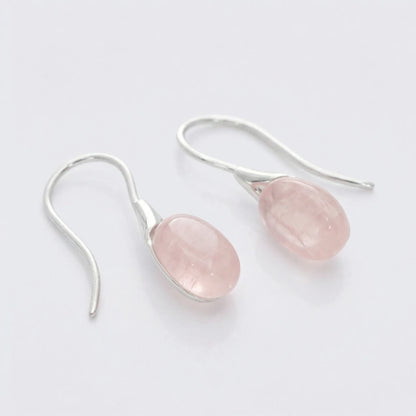 Boucles d'oreilles quartz rose ovale en argent rhodié 925
