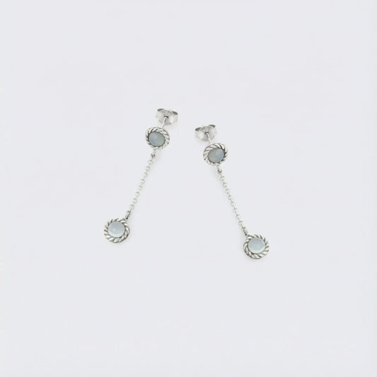 Boucles d'oreilles pendantes ronde agate aqua teintée en argent rhodié 925