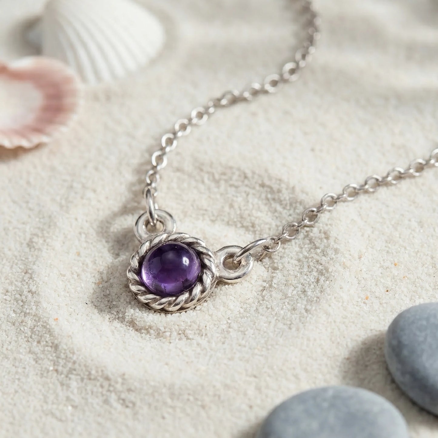 Collier améthyste ronde 40 cm en argent rhodié 925 - zoom