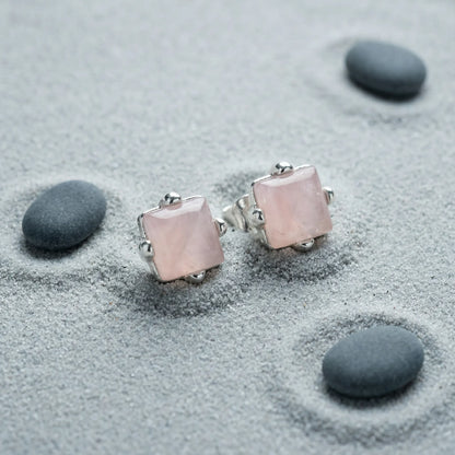 Boucles d'oreilles quartz rose puces en argent rhodié 925 - zoom