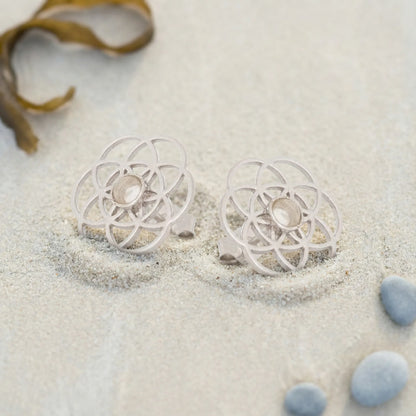 Boucles d'oreilles fleur de vie quartz rose en argent - zoom
