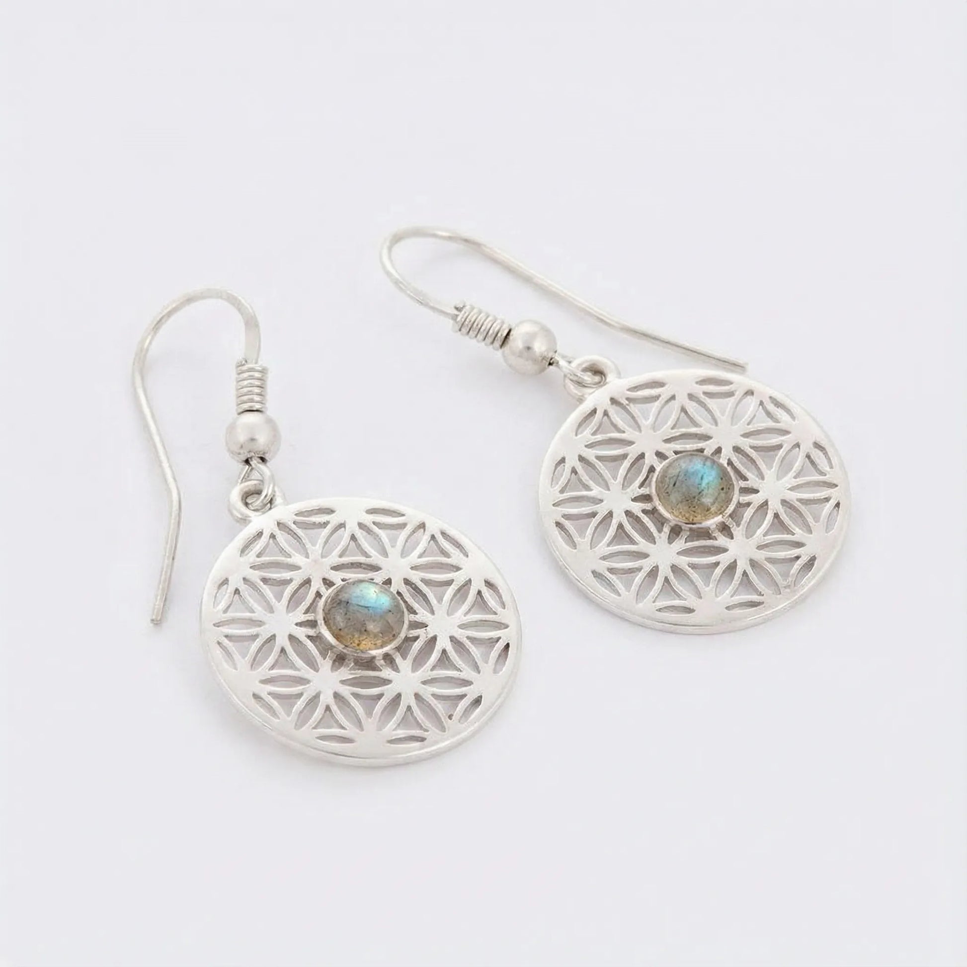 Boucles d'oreilles fleur de vie labradorite en argent