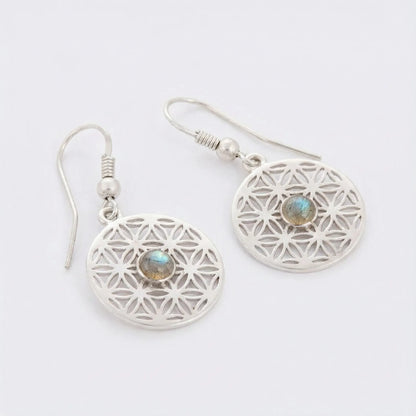 Boucles d'oreilles fleur de vie labradorite en argent