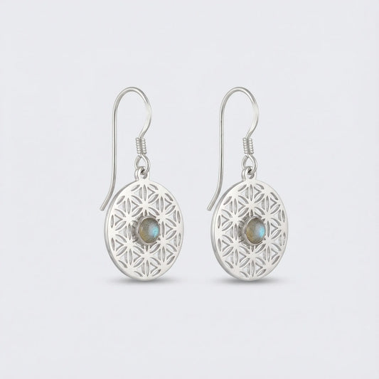 Boucles d'oreilles fleur de vie avec labradorite multicolore en argent rhodié 925