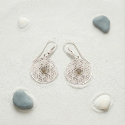 Boucles d'oreilles fleur de vie labradorite en argent - zoom