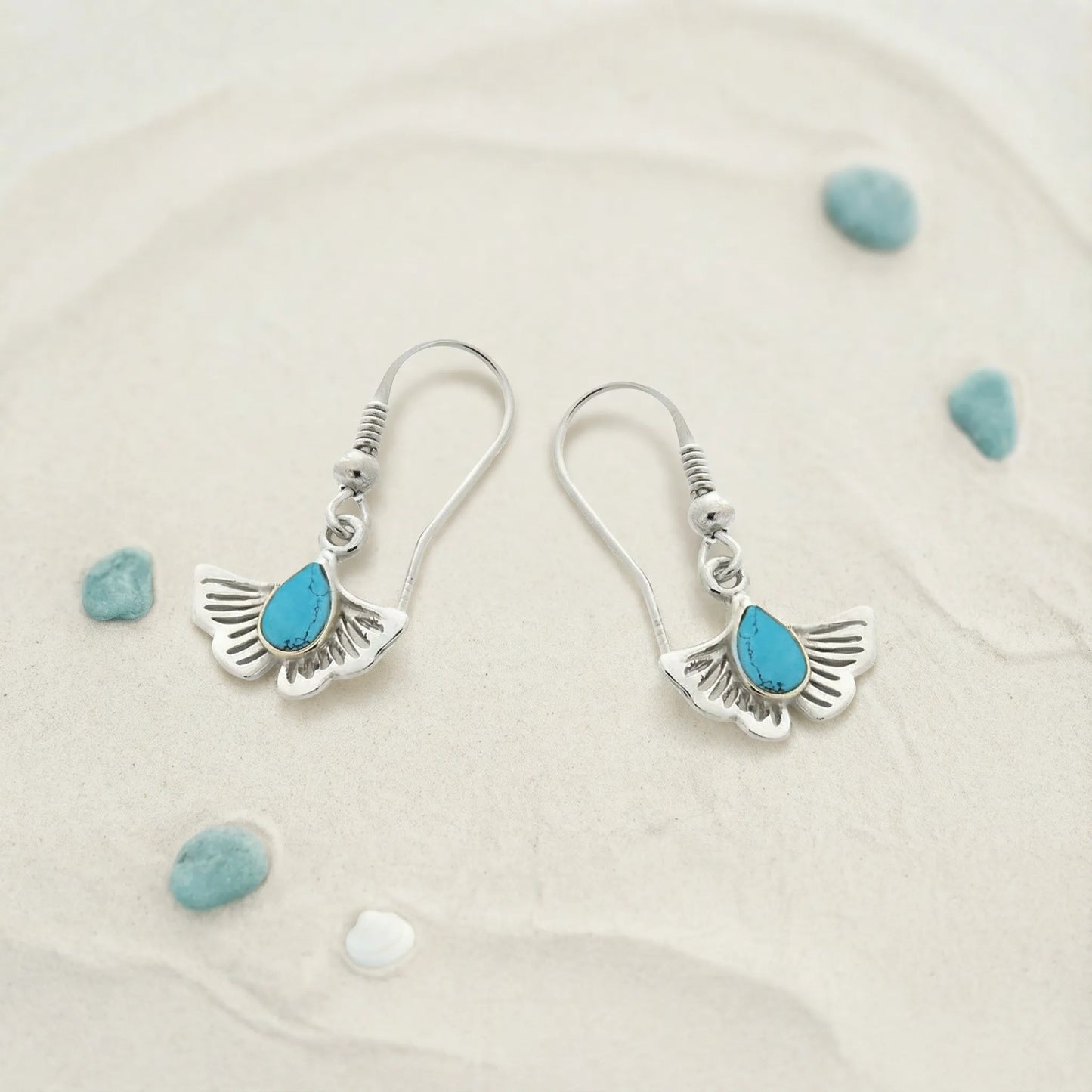 Boucles d'oreilles ginkgo turquoise puces argent rhodié 925 - zoom