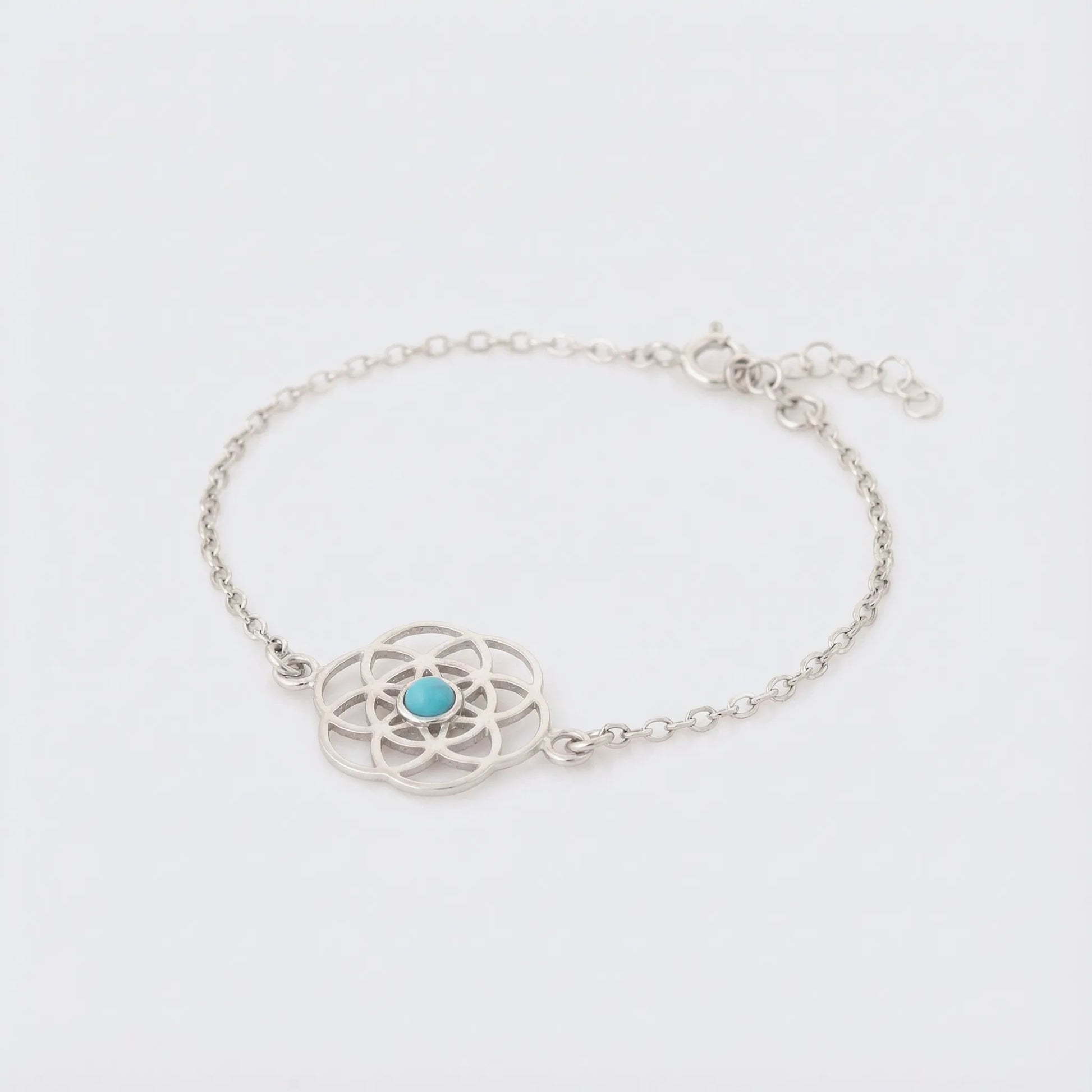 Bracelet fleur de vie turquoise en argent rhodié 925