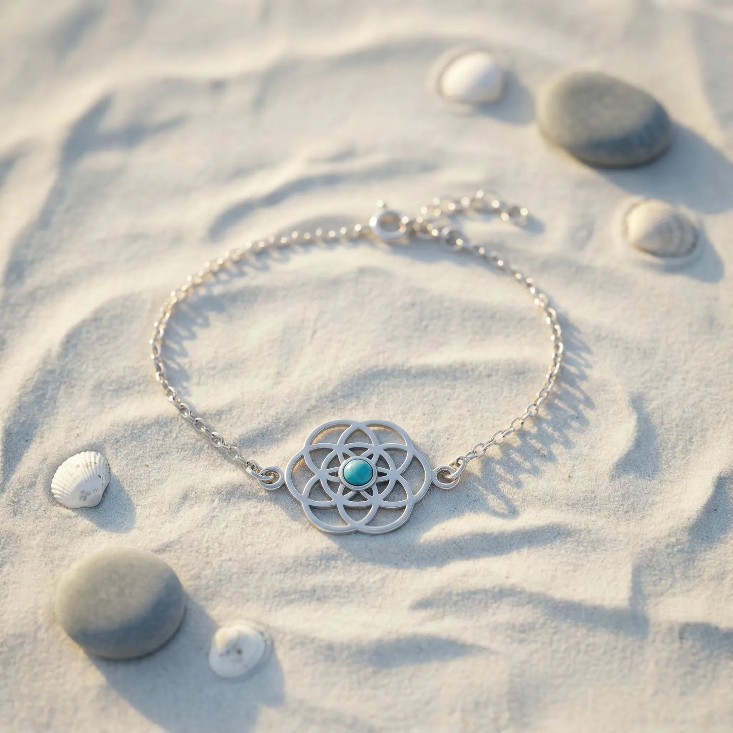 Bracelet fleur de vie turquoise en argent rhodié 925 - zoom