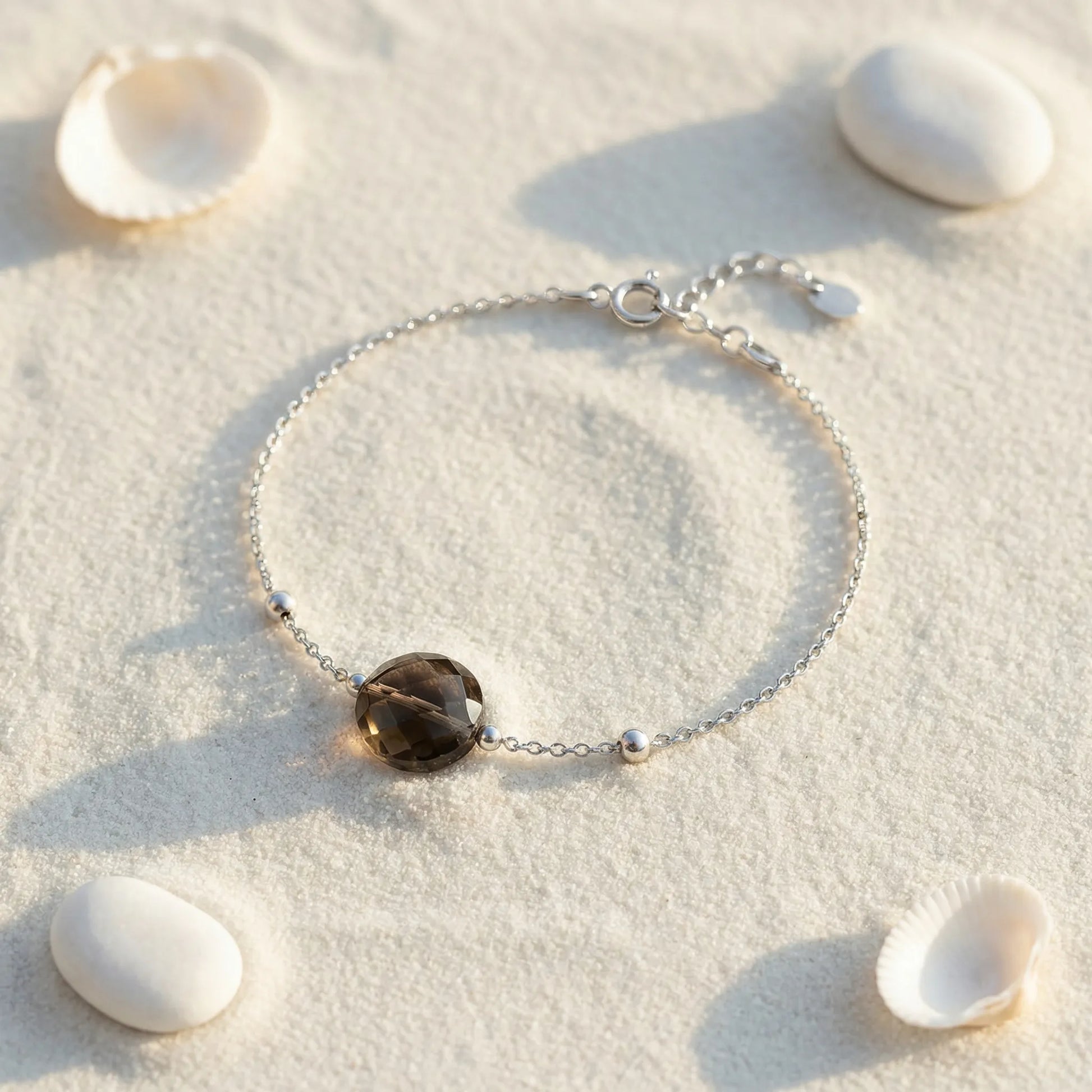 Bracelet quartz fumé ajustable en argent rhodié 925 - zoom