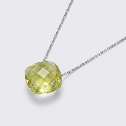Collier quartz jaune coussin en argent rhodié 925