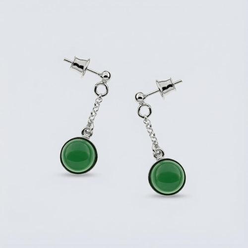 Boucles d'oreilles pendantes ronde agate verte en argent rhodié 925