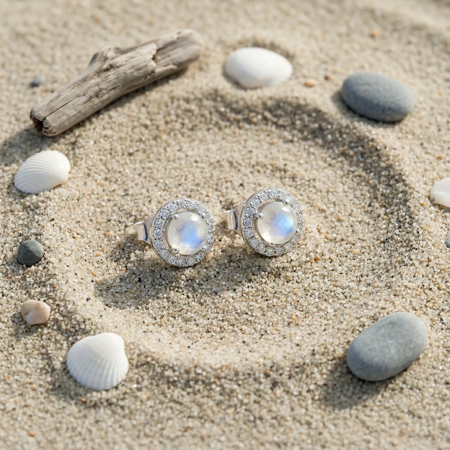 Boucles d'oreilles pierre de lune ronde argent rhodié 925 - zoom