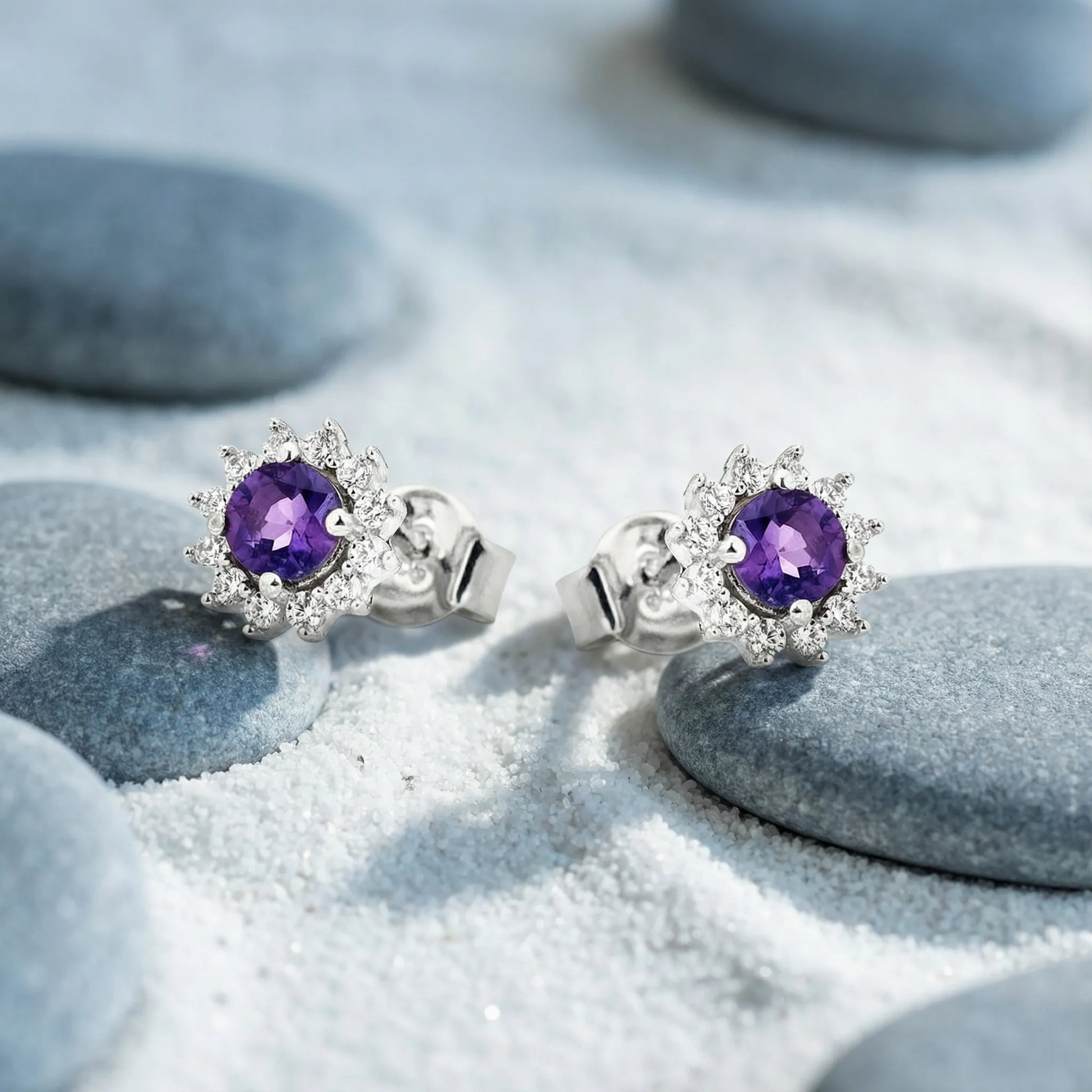 Boucles d'oreilles améthyste ronde argent rhodié 925 modèle - zoom