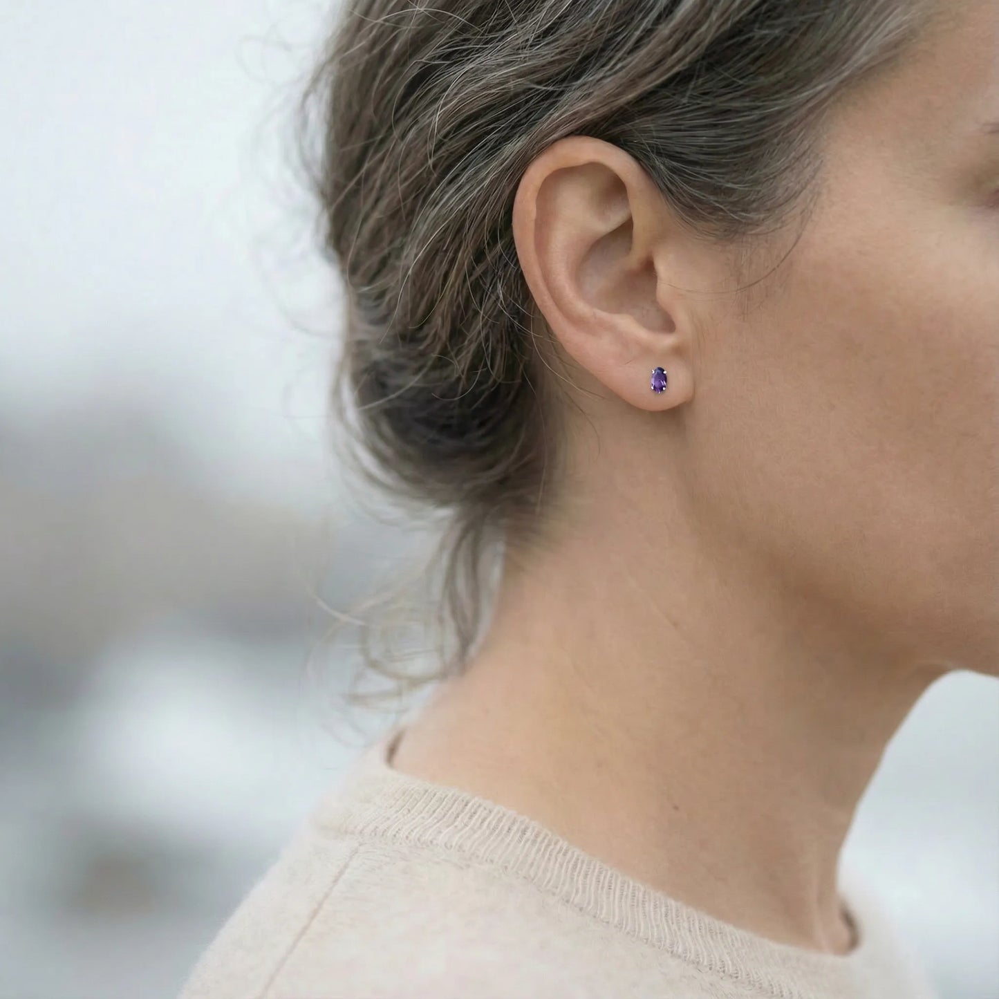 Boucles d'oreilles améthyste ovale en argent rhodié 925 - porte