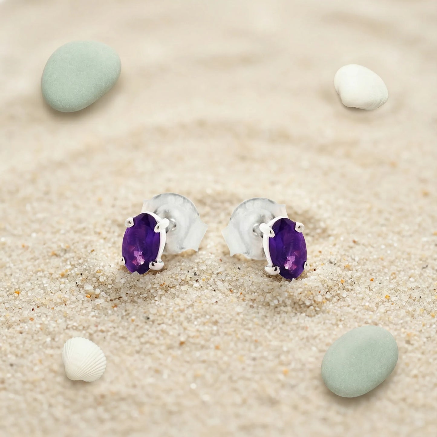 Boucles d'oreilles améthyste ovale en argent rhodié 925 - zoom