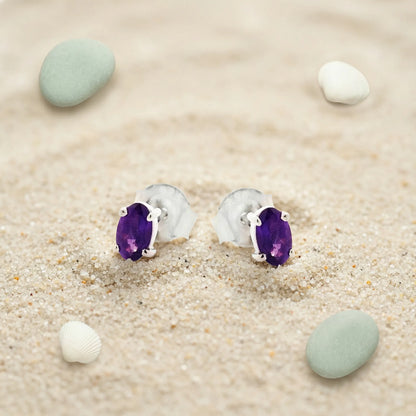 Boucles d'oreilles améthyste ovale en argent rhodié 925 - zoom
