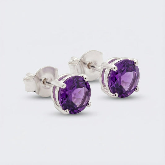 Boucles d'oreilles améthyste violette ronde en argent