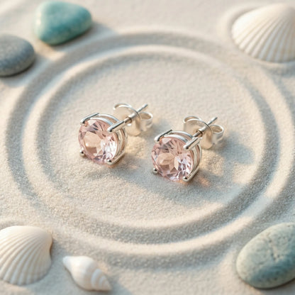 Boucles d'oreilles quartz rose ronde en argent rhodié 925 - zoom