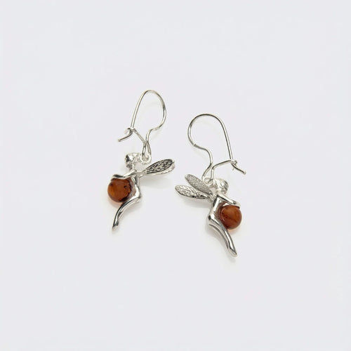 Boucles d'oreilles fée ambre cognac en argent rhodié 925