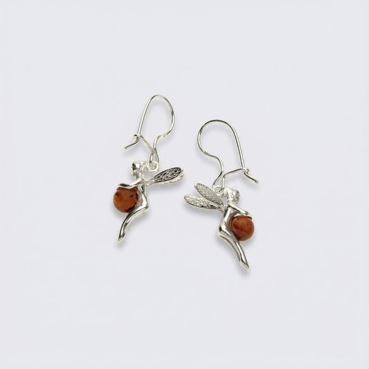 Boucles d'oreilles fée ambre cognac naturel en argent rhodié 925