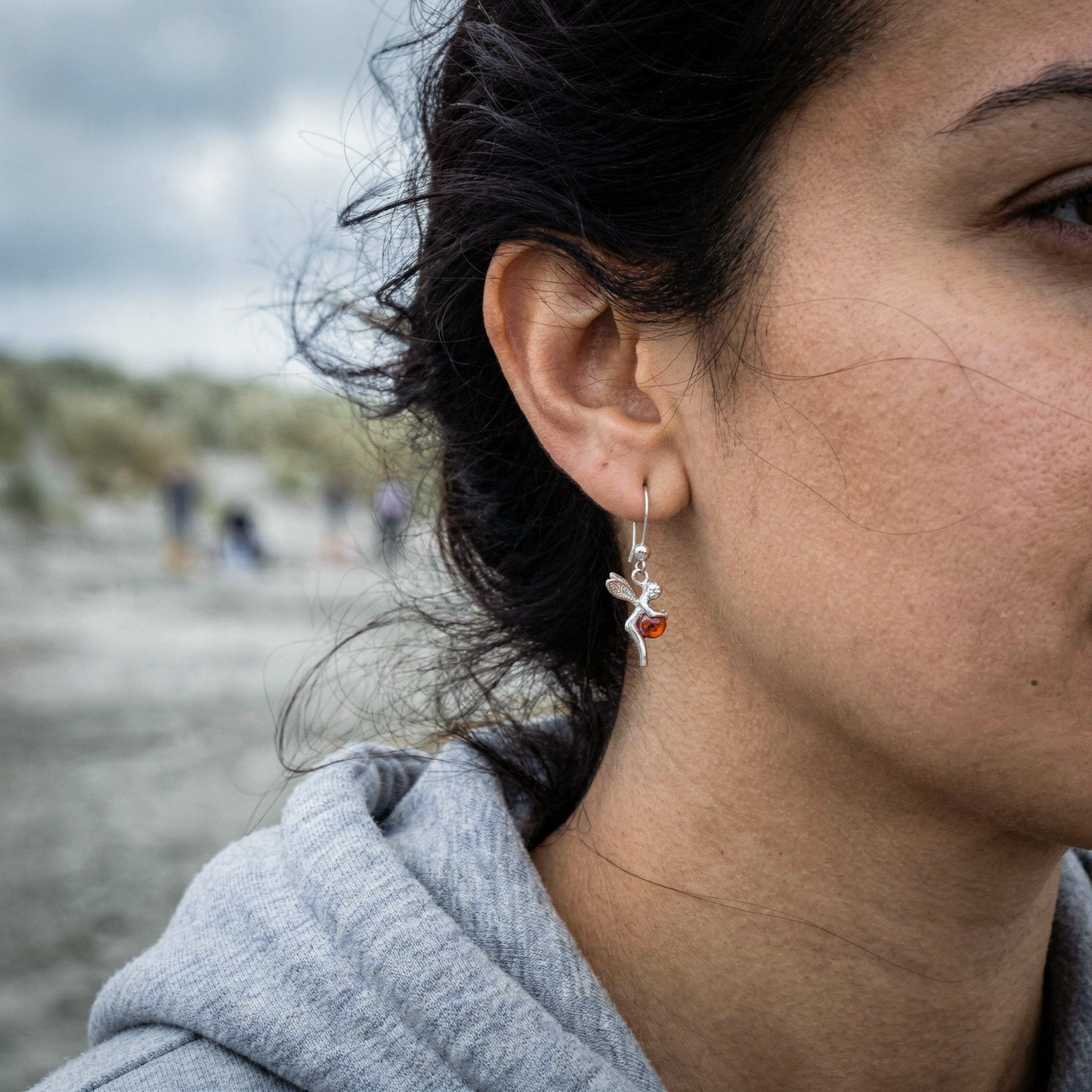 Boucles d'oreilles fée ambre cognac en argent rhodié 925 - porte