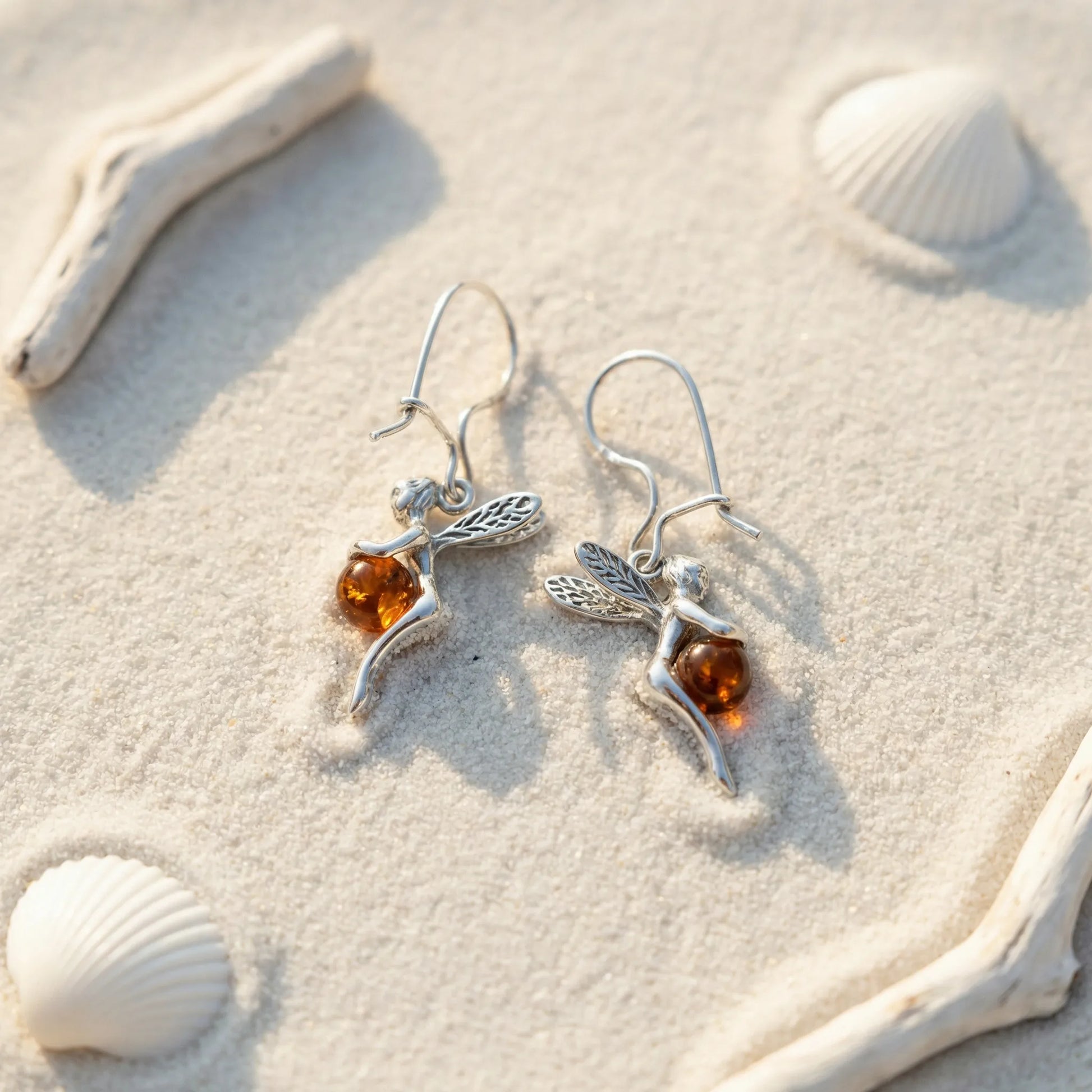 Boucles d'oreilles fée ambre cognac en argent rhodié 925 - zoom