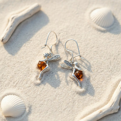 Boucles d'oreilles fée ambre cognac en argent rhodié 925 - zoom