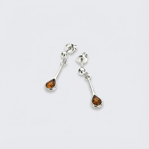 Boucles d'oreilles pendantes ambre cognac goutte en argent rhodié 925