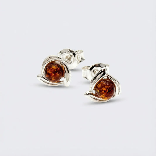 Boucles d'oreilles ambre cognac boule modèle K21R argent