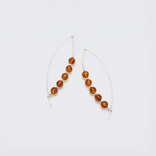 Boucles d'oreille longues ambre cognac boule en argent rhodié 925