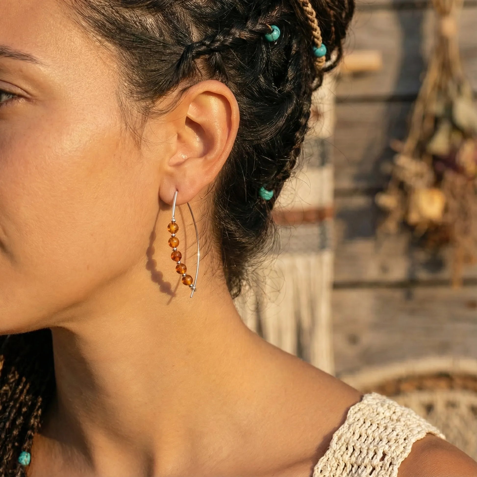 Boucles d'oreilles ambre cognac longues modèle DK6R argent - porte