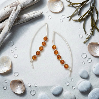 Boucles d'oreilles ambre cognac longues modèle DK6R argent - zoom