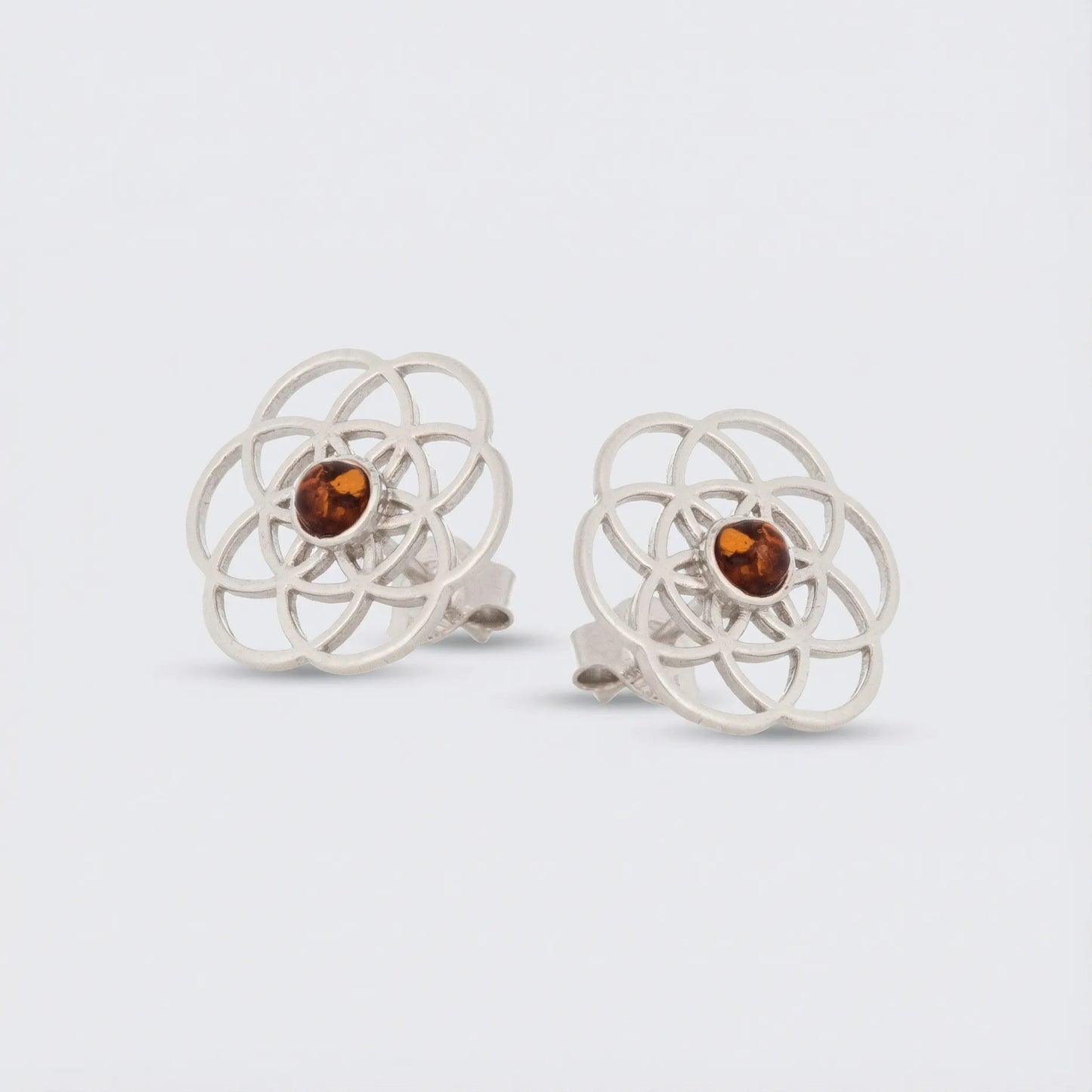 Boucles d'oreilles fleur de vie avec ambre cognac naturel en argent rhodié 925
