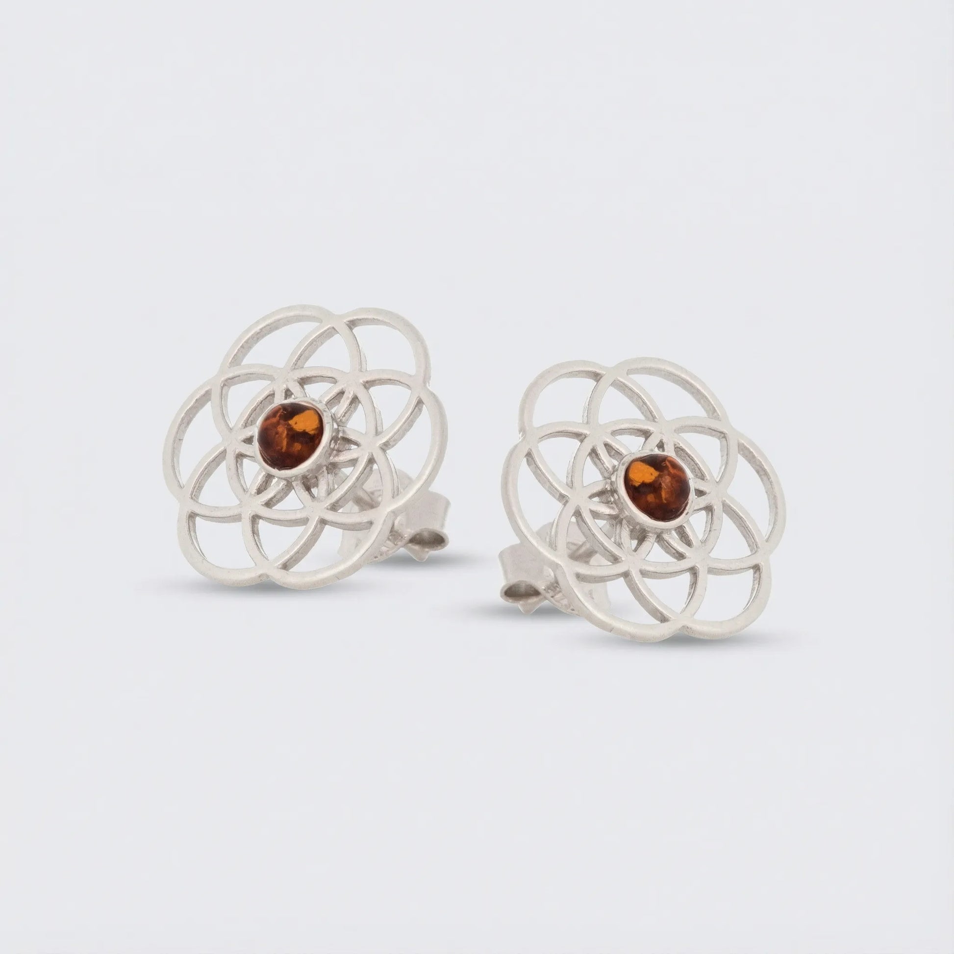 Boucles d'oreilles fleur de vie avec ambre cognac naturel en argent rhodié 925