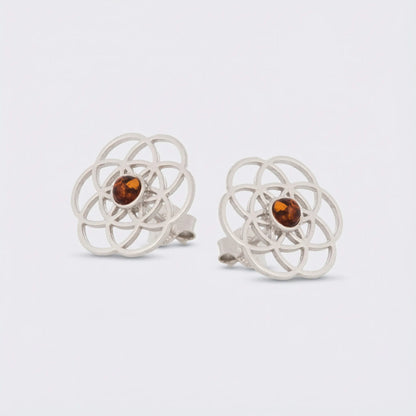 Boucles d'oreilles fleur de vie ambre cognac modèle 09KR