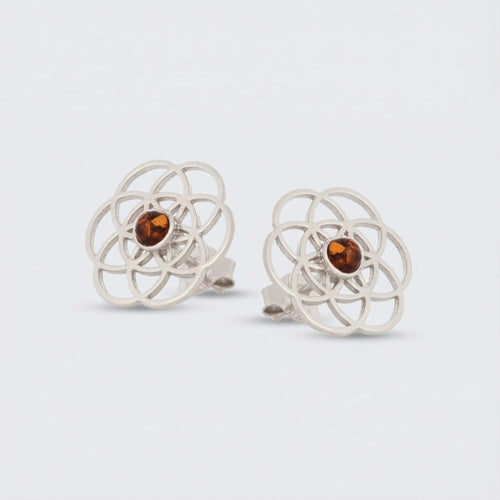 Boucles d'oreilles fleur de vie avec ambre cognac naturel en argent rhodié 925