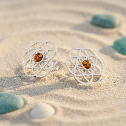 Boucles d'oreilles fleur de vie ambre cognac modèle 09KR - zoom