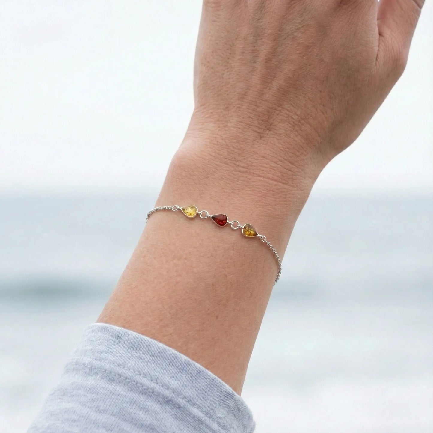 Bracelet ambre multicolore goutte argent rhodié 925 M-1R - porte